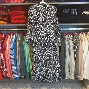 Zara navy/white print long sleeve button front closure midi dress size XS